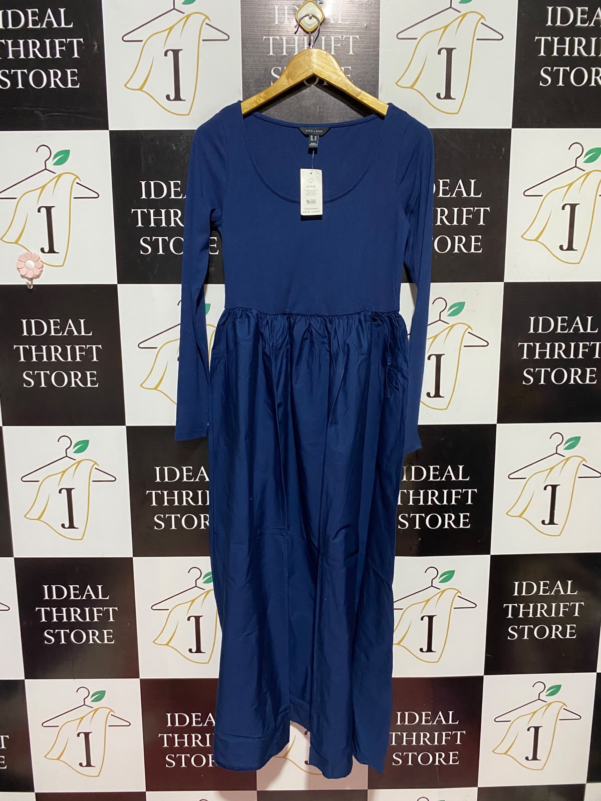NEW LOOK |S| BUST 15| A11 | WOMEN'S SOLID NAVY BLUE RIBBED TOP MIXED-MEDIA TIERED MAXI DRESS
