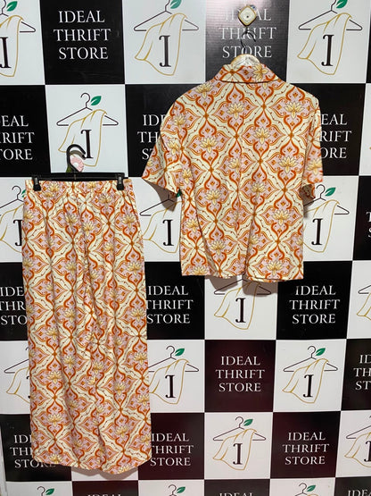 GOMORN |M| A11| WOMEN'S RETRO ORANGE & CREAM DAMASK PRINT TWO-PIECE SHIRT & TROUSER SET