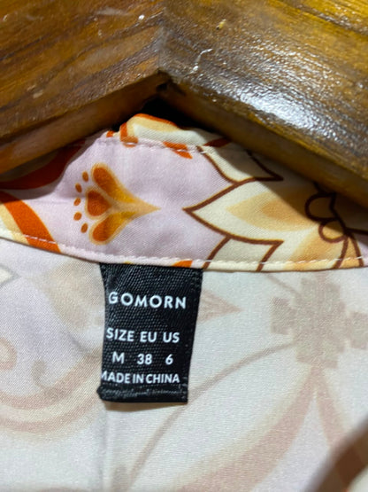 GOMORN |M| A11| WOMEN'S RETRO ORANGE & CREAM DAMASK PRINT TWO-PIECE SHIRT & TROUSER SET