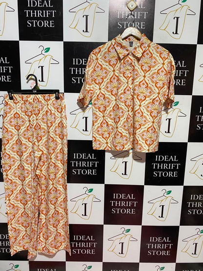 GOMORN |M| A11| WOMEN'S RETRO ORANGE & CREAM DAMASK PRINT TWO-PIECE SHIRT & TROUSER SET