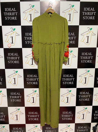 TUNCAY |M| BUST 17| A11| WOMEN'S OLIVE GREEN EMBROIDERED SLEEVE MOCK-NECK MAXI DRESS