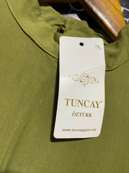 TUNCAY |M| BUST 17| A11| WOMEN'S OLIVE GREEN EMBROIDERED SLEEVE MOCK-NECK MAXI DRESS