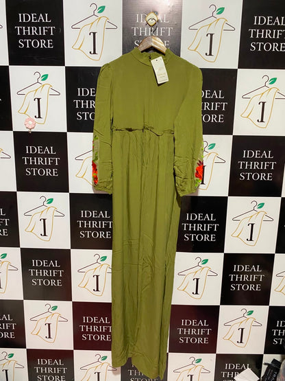 TUNCAY |M| BUST 17| A11| WOMEN'S OLIVE GREEN EMBROIDERED SLEEVE MOCK-NECK MAXI DRESS