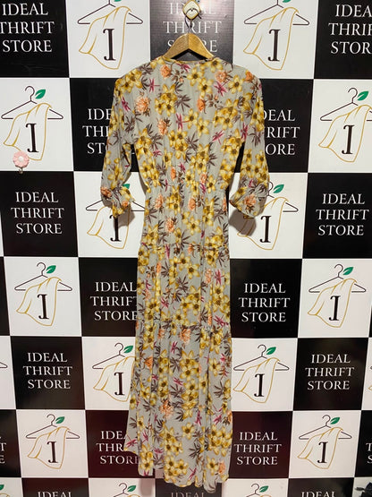 R K FASHION |XL| BUST 16| A11| WOMEN'S GREY & YELLOW FLORAL TIE-NECK TIERED MAXI DRESS