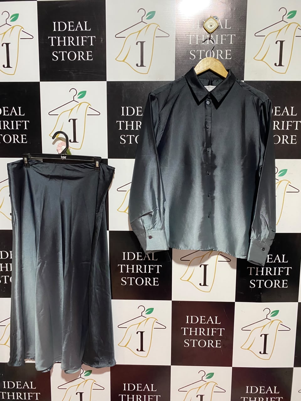 THE PRIMARK EDIT |L| A11| WOMEN'S CHARCOAL GREY SATIN SHIRT & MAXI SKIRT TWO-PIECE CO-ORD SET