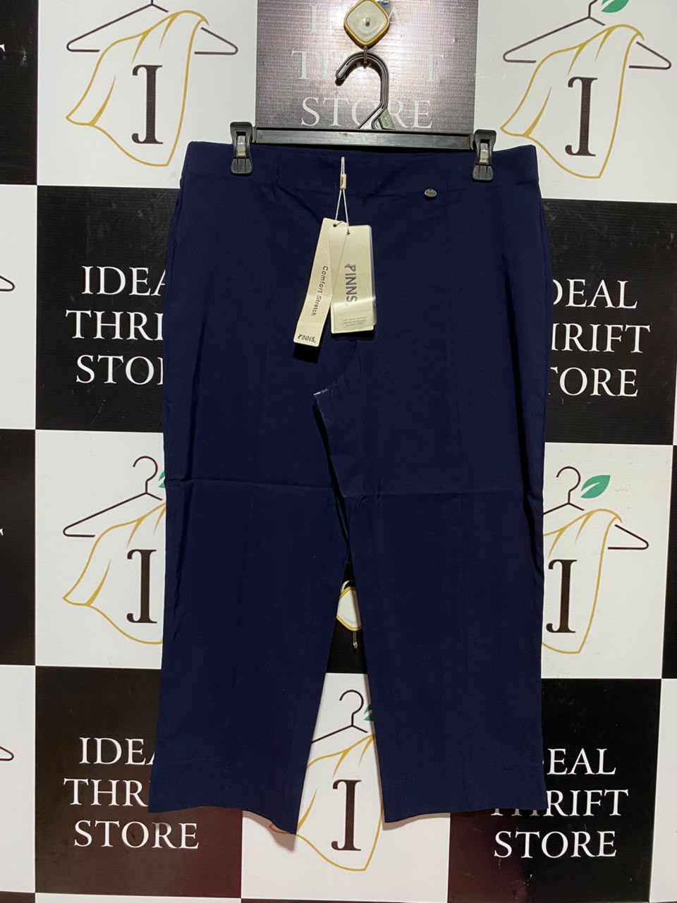 PINNS |L| WAIST 32| A11| WOMEN'S SOLID NAVY BLUE COMFORT STRETCH STRAIGHT-LEG ANKLE TROUSERS