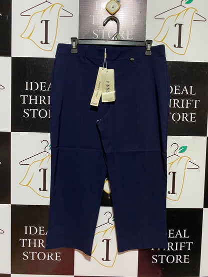 PINNS |L| WAIST 32| A11| WOMEN'S SOLID NAVY BLUE COMFORT STRETCH STRAIGHT-LEG ANKLE TROUSERS