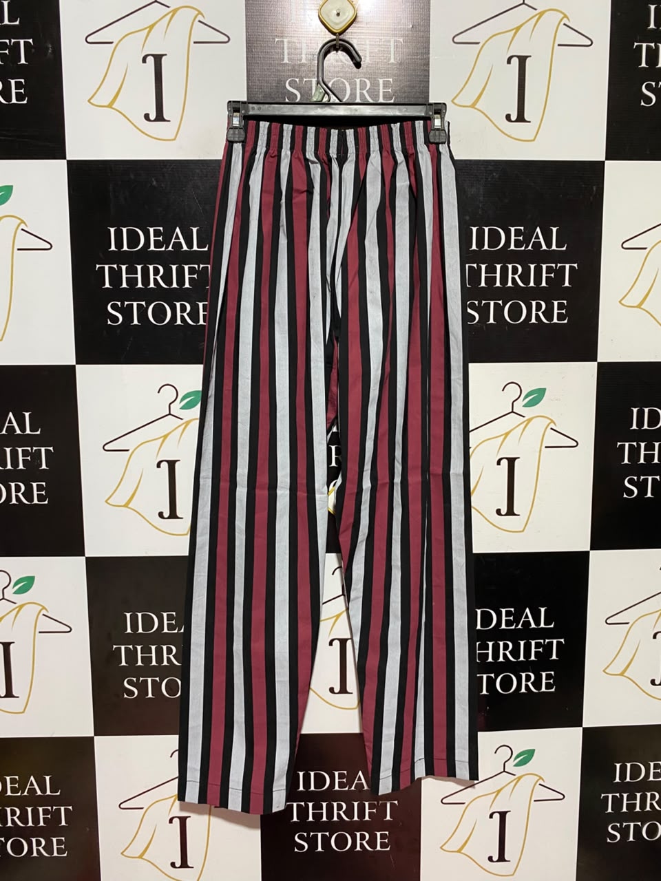 |XS| WAIST 24| A11| WOMEN'S BURGUNDY, BLACK & WHITE STRIPED ELASTIC WAIST STRAIGHT-LEG TROUSERS