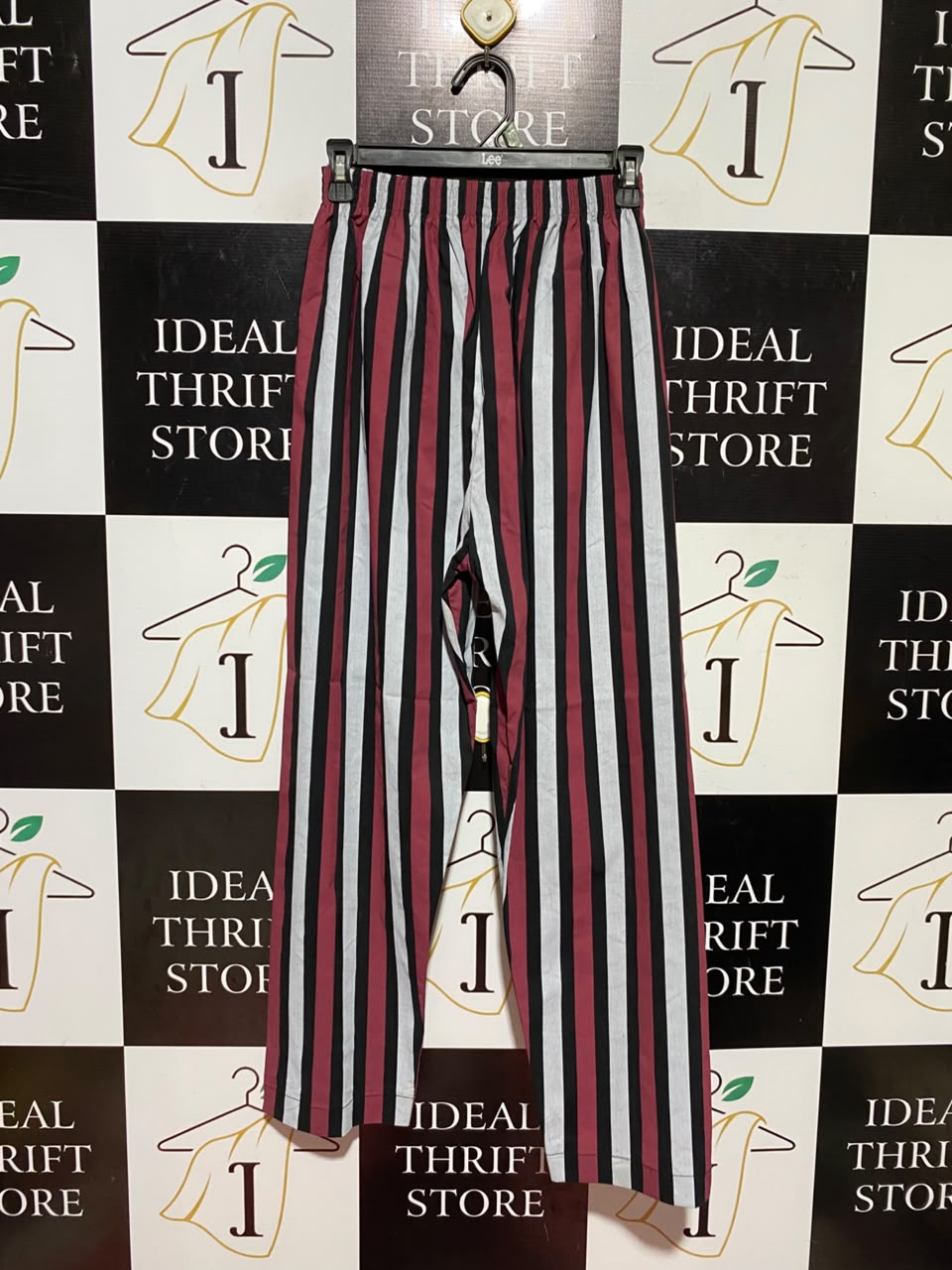 |XS| WAIST 24| A11| WOMEN'S BURGUNDY, BLACK & WHITE STRIPED ELASTIC WAIST STRAIGHT-LEG TROUSERS