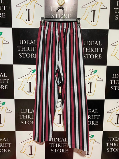 |XS| WAIST 24| A11| WOMEN'S BURGUNDY, BLACK & WHITE STRIPED ELASTIC WAIST STRAIGHT-LEG TROUSERS