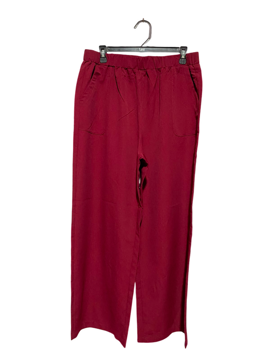 |XL| WAIST 32| A12| MAROON RED HIGH-WAISTED WIDE-LEG TROUSERS - ELASTIC WAIST CASUAL PANTS