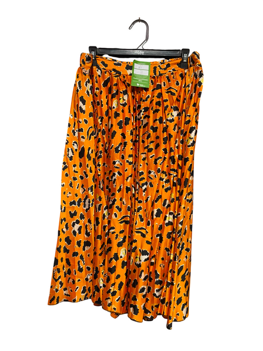 |XL| WAIST 34| A12| VIBRANT ORANGE LEOPARD PRINT PLEATED MIDI SKIRT - HIGH-WAISTED SATIN SKIRT