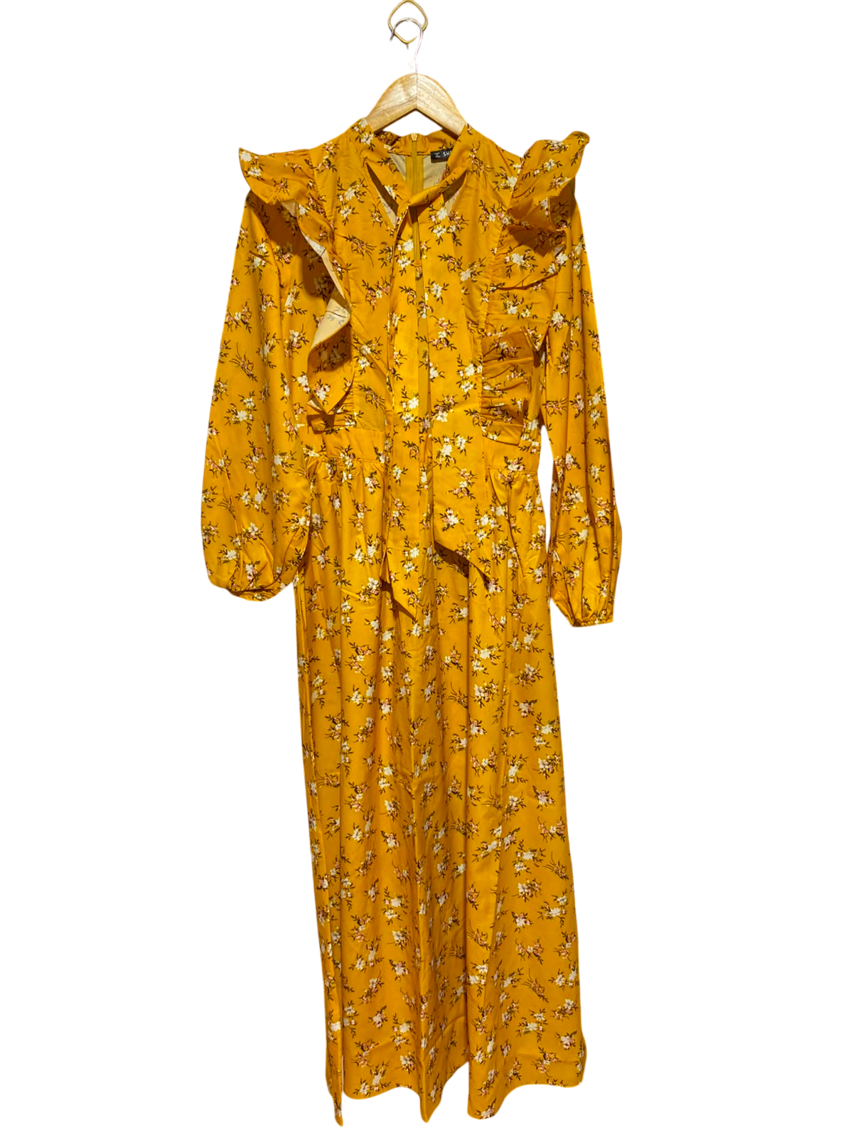 SHEIN |M| BUST 18| A12| MUSTARD YELLOW FLORAL RUFFLE MAXI DRESS - LONG SLEEVE TIE-NECK DRESS