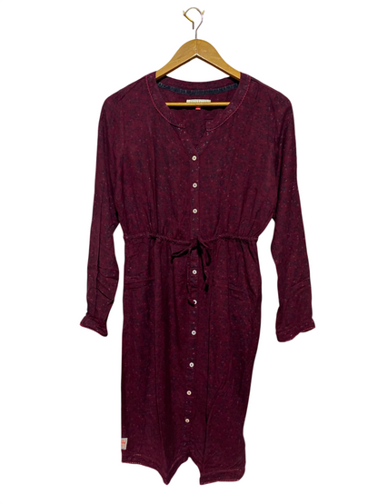 BRAKEBURN |M| BUST 19| A12| MAROON PRINTED BUTTON-FRONT KNEE-LENGTH DRESS - DRAWSTRING WAIST CASUAL DRESS