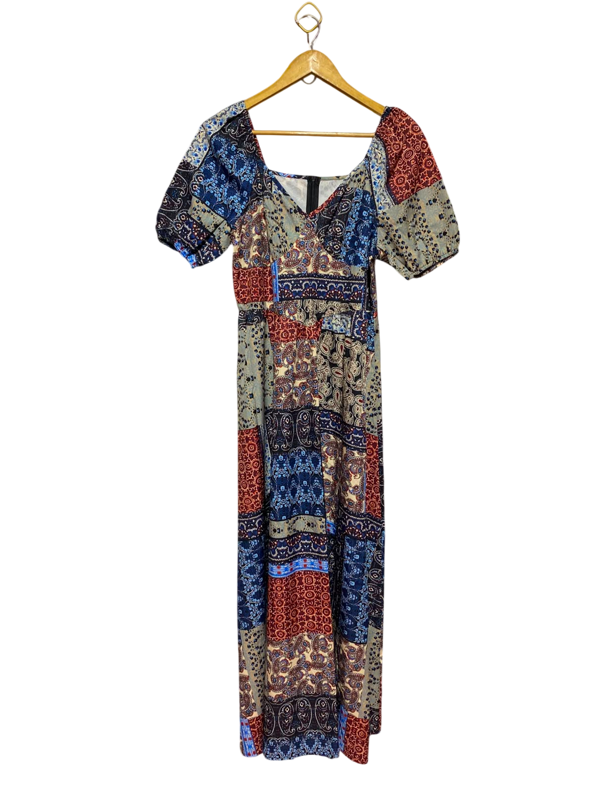 |L| BUST 18| A12| MULTICOLOR PATCHWORK PAISLEY MAXI DRESS - PUFF SLEEVE BOHO DRESS