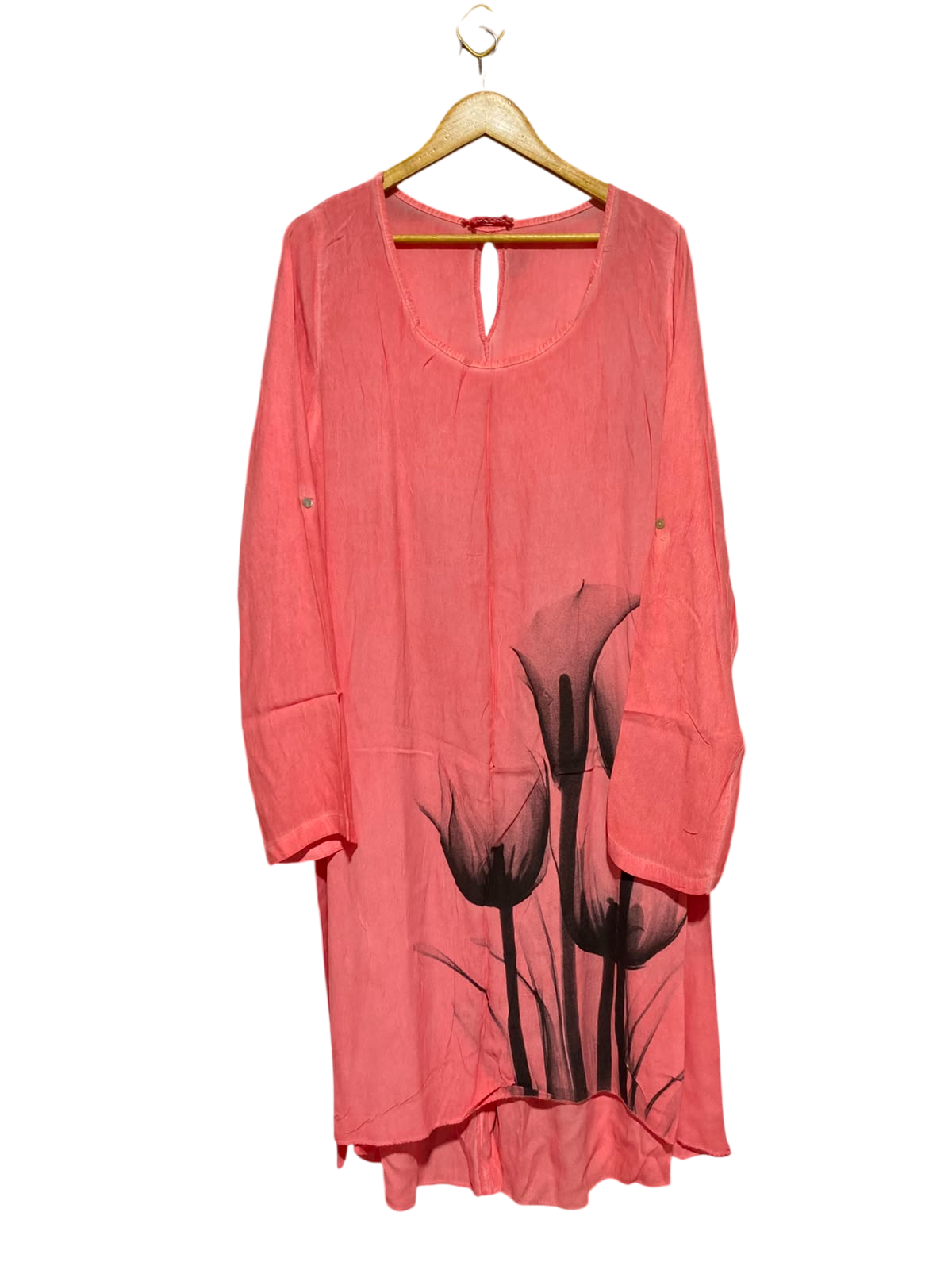 |XL| BUST 23| A12| CORAL PINK CALLA LILY PRINT TUNIC DRESS - HIGH-LOW LONG SLEEVE DRESS