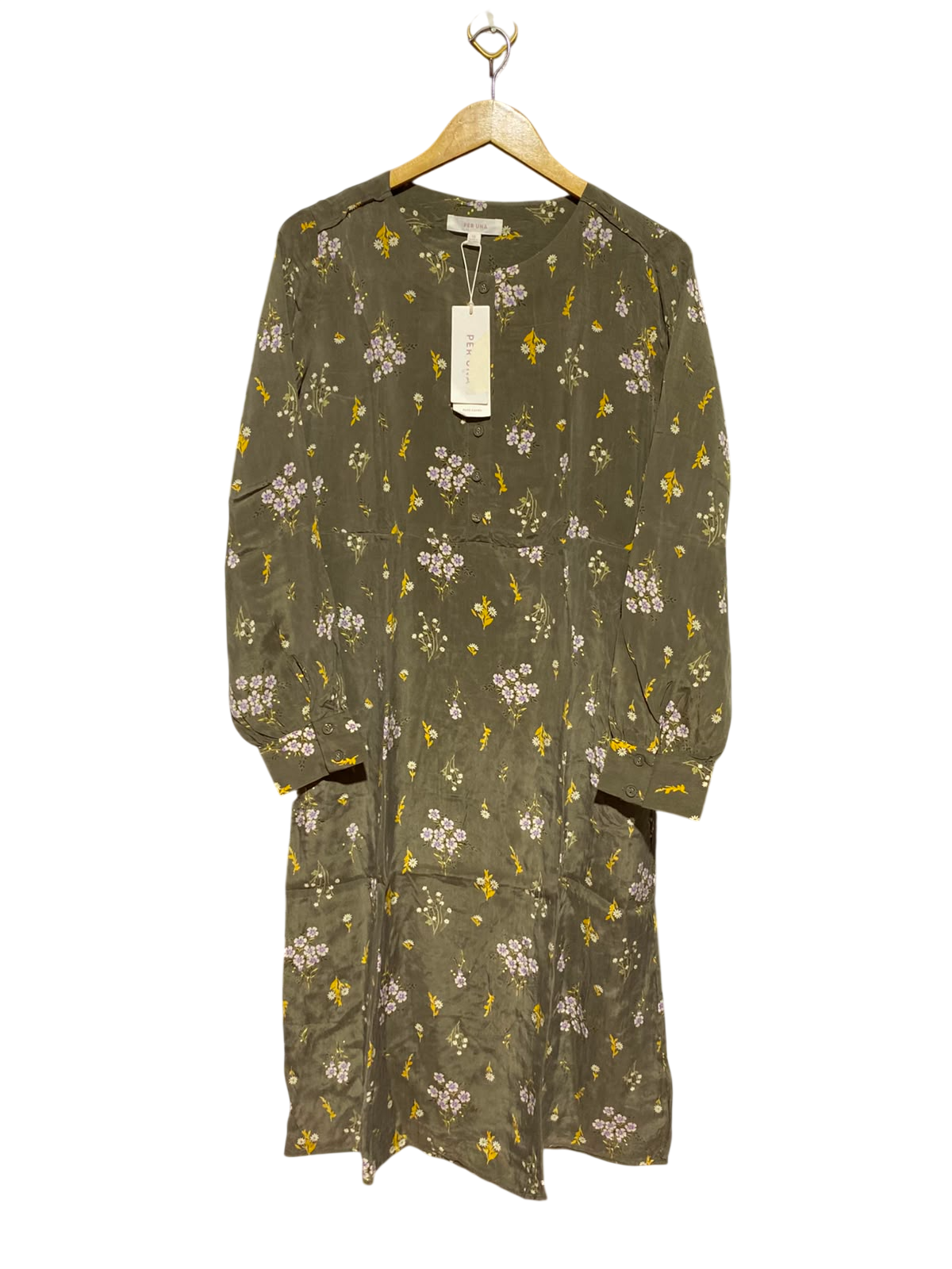 PER UNA |M| BUST 19| A12| OLIVE GREEN FLORAL MIDI DRESS - LONG SLEEVE BUTTON FRONT DRESS