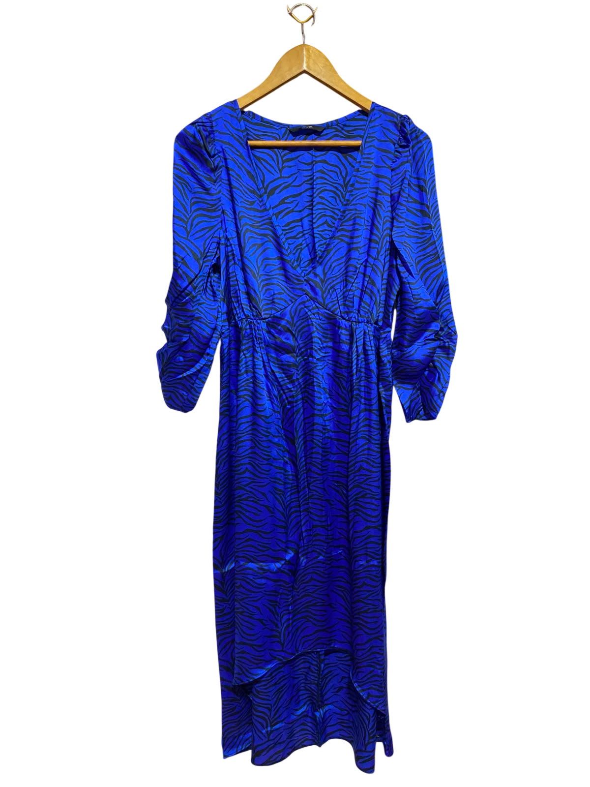 GEORGE |L| BUST 19| A12| ROYAL BLUE ZEBRA PRINT SATIN MIDI DRESS - V-NECK HIGH-LOW DRESS