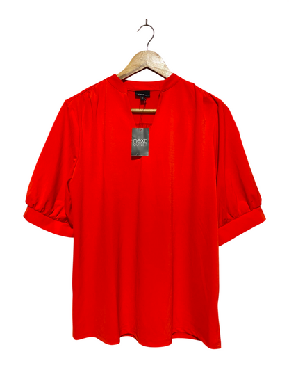 NEXT |L| BUST 21| A12| BRIGHT RED PUFF SLEEVE BLOUSE - V-SPLIT NECK TOP