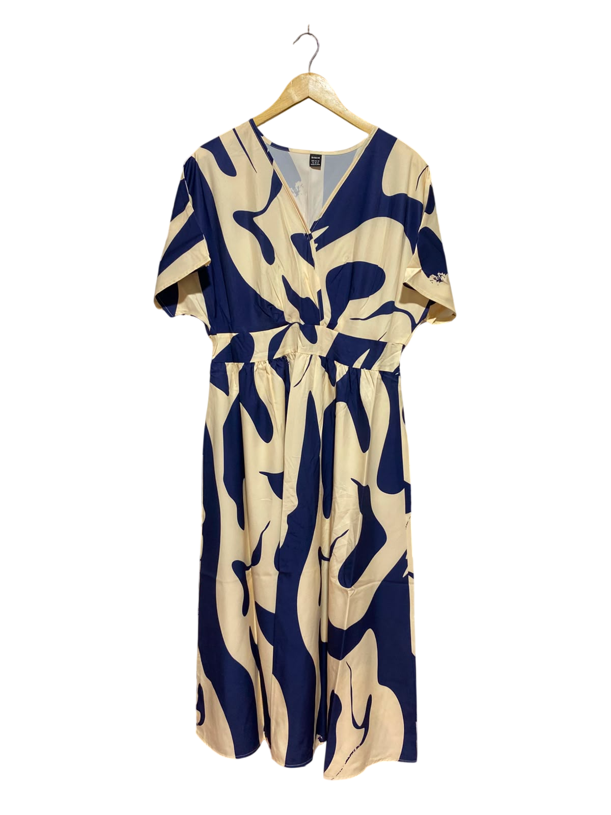 SHEIN |XL| BUST FREE| A12| BLUE & CREAM ABSTRACT PRINT MIDI DRESS - SHORT SLEEVE V-NECK DRESS