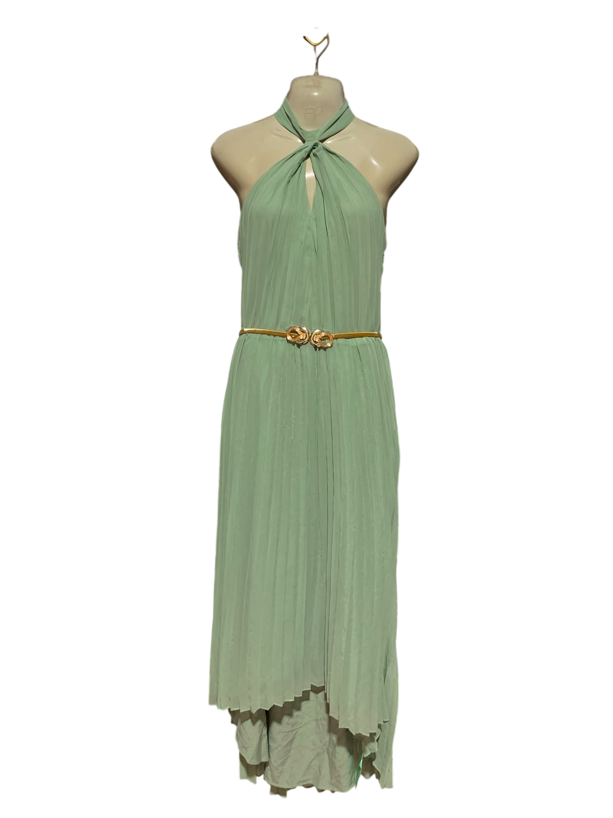 W COLLECTION |M| BUST 16| A12| SAGE GREEN PLEATED HALTER MIDI DRESS - SLEEVELESS BELTED EVENING DRESS