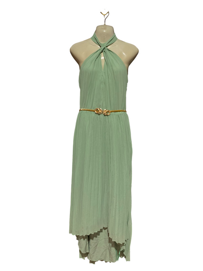 W COLLECTION |M| BUST 16| A12| SAGE GREEN PLEATED HALTER MIDI DRESS - SLEEVELESS BELTED EVENING DRESS