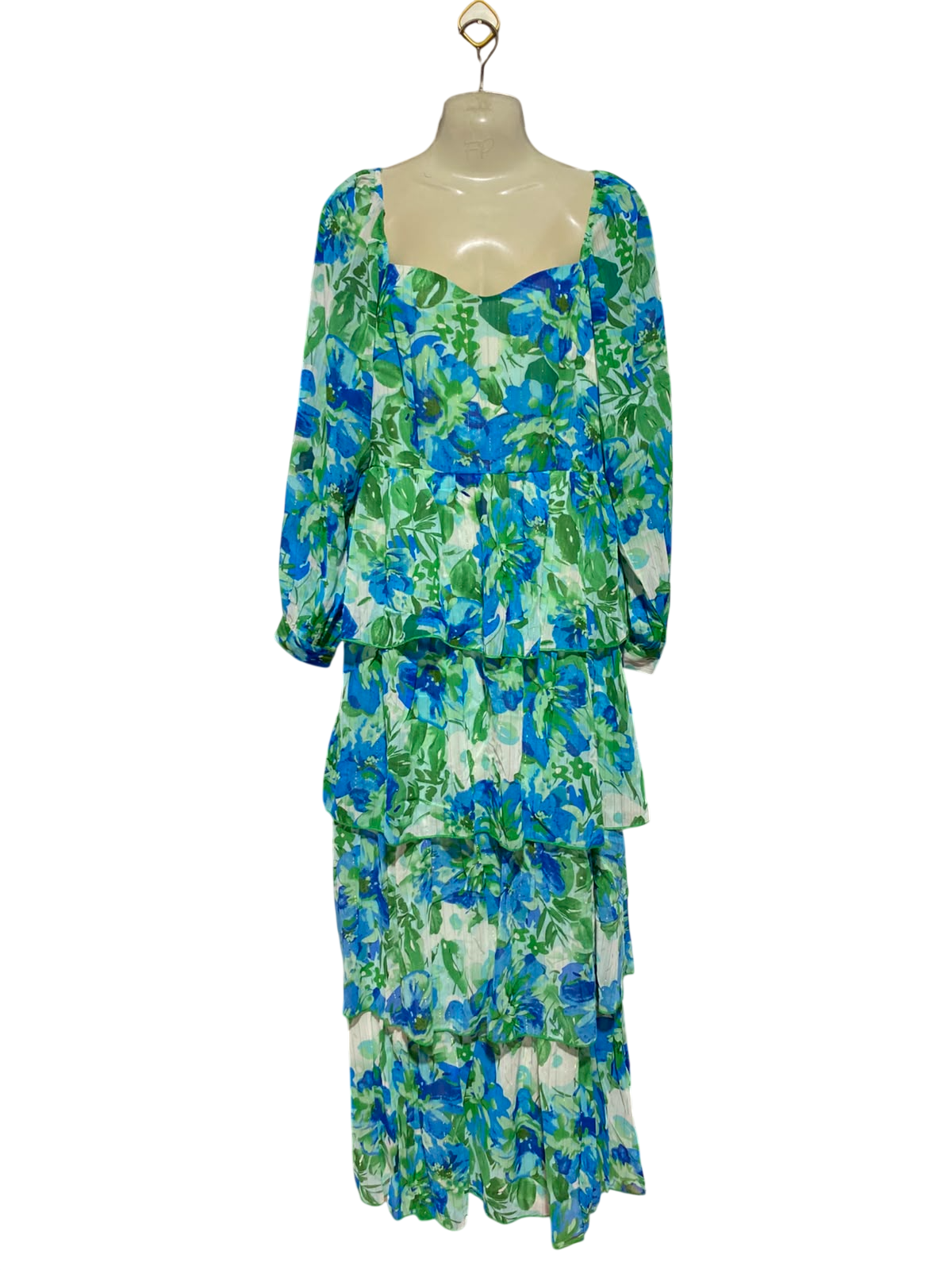 QUIZ |M| BUST 17| A12| BLUE & GREEN FLORAL TIERED MAXI DRESS - SWEETHEART NECK LONG SLEEVE DRESS