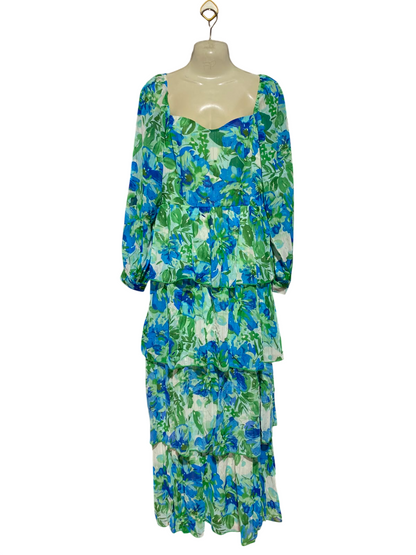 QUIZ |M| BUST 17| A12| BLUE & GREEN FLORAL TIERED MAXI DRESS - SWEETHEART NECK LONG SLEEVE DRESS