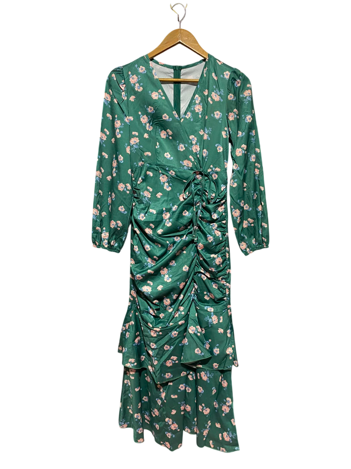 SHEIN |XS| BUST 15| A13| EMERALD GREEN FLORAL RUCHED MAXI DRESS - LONG SLEEVE TIERED DRESS