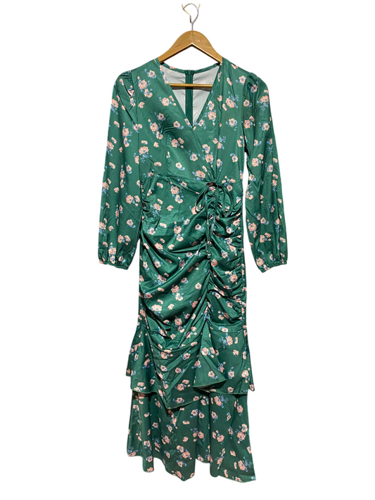 SHEIN |XS| BUST 15| A13| EMERALD GREEN FLORAL RUCHED MAXI DRESS - LONG SLEEVE TIERED DRESS