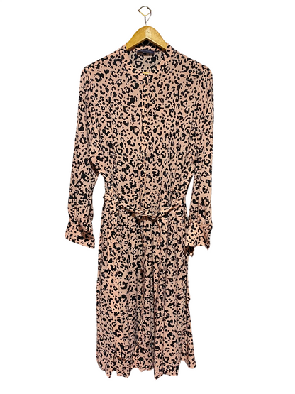 M&S |L| BUST 21| A13| PINK LEOPARD PRINT SHIRT DRESS - LONG SLEEVE BELTED MIDI DRESS