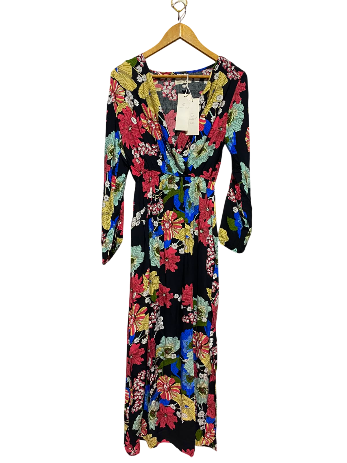 SWEET GIRL |XL| BUST 18| A13| MULTICOLOR FLORAL V-NECK MAXI DRESS - LONG SLEEVE BOHO DRESS