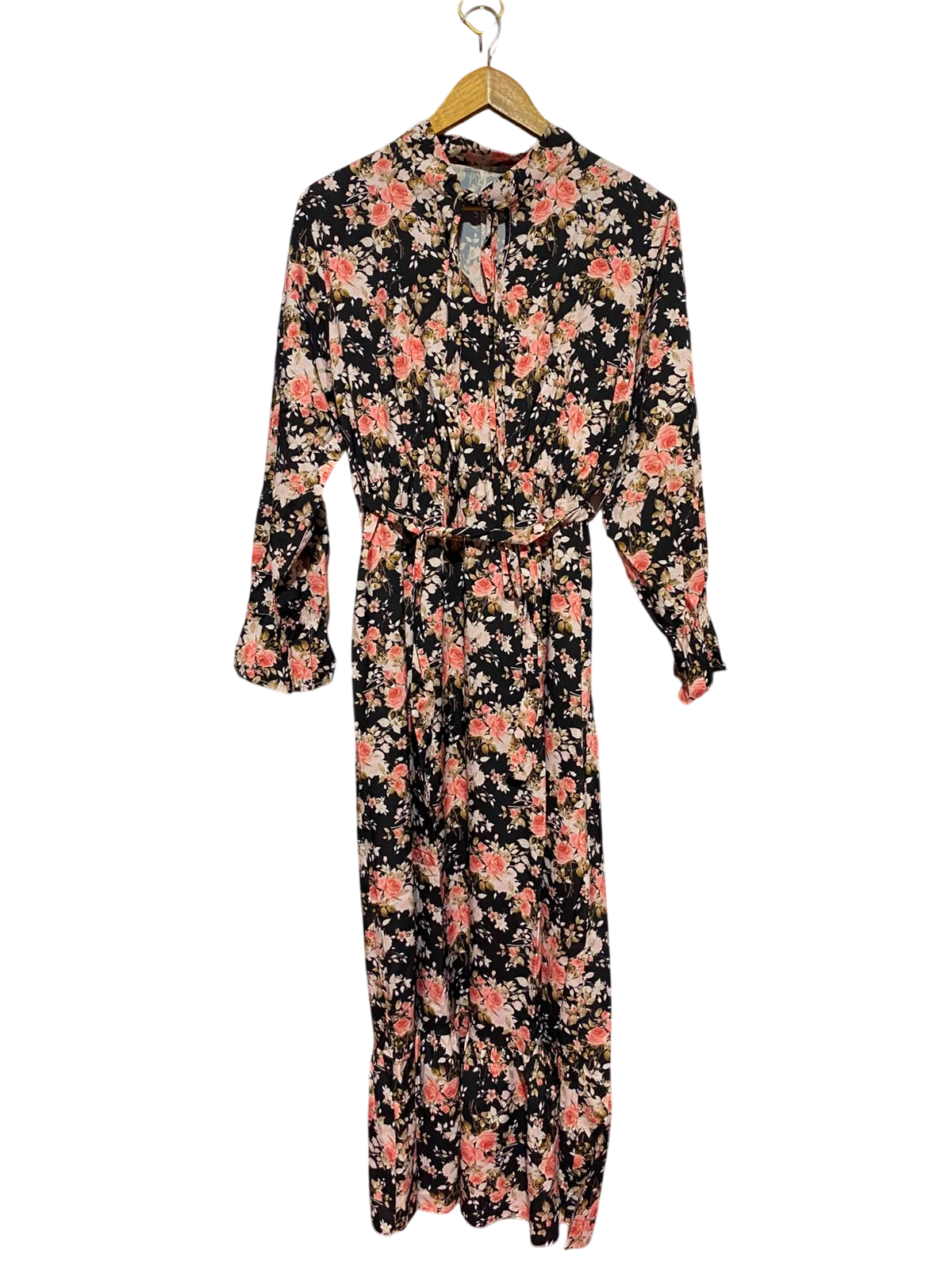 |M| BUST 19| A13| BLACK & PINK FLORAL HIGH-NECK MAXI DRESS - LONG SLEEVE BELTED DRESS