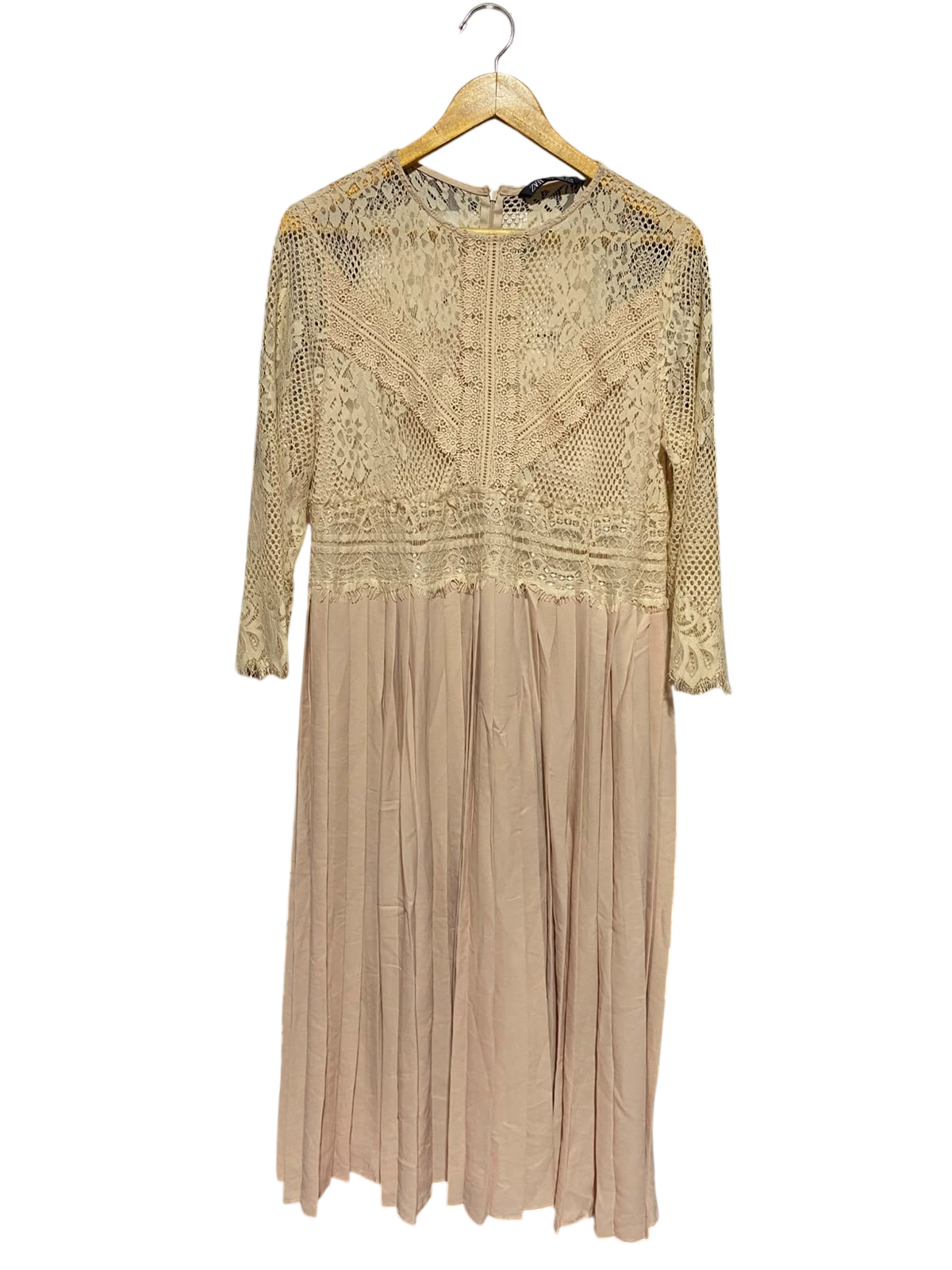 ZARA |XL| BUST 18| A13| BEIGE LACE BODICE MIDI DRESS - 3/4 SLEEVE PLEATED ELEGANT DRESS