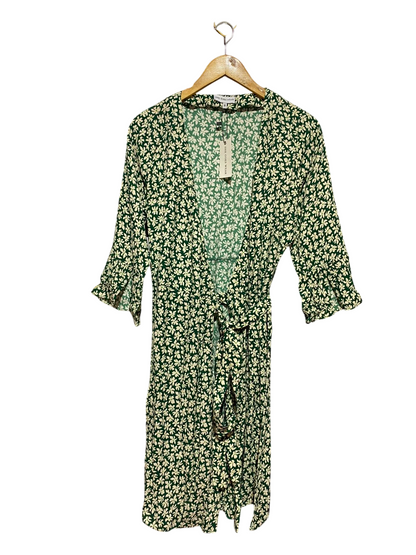 SHE GOES WEAR |M| BUST 18| A13| GREEN & WHITE FLORAL WRAP DRESS - 3/4 SLEEVE MIDI DRESS