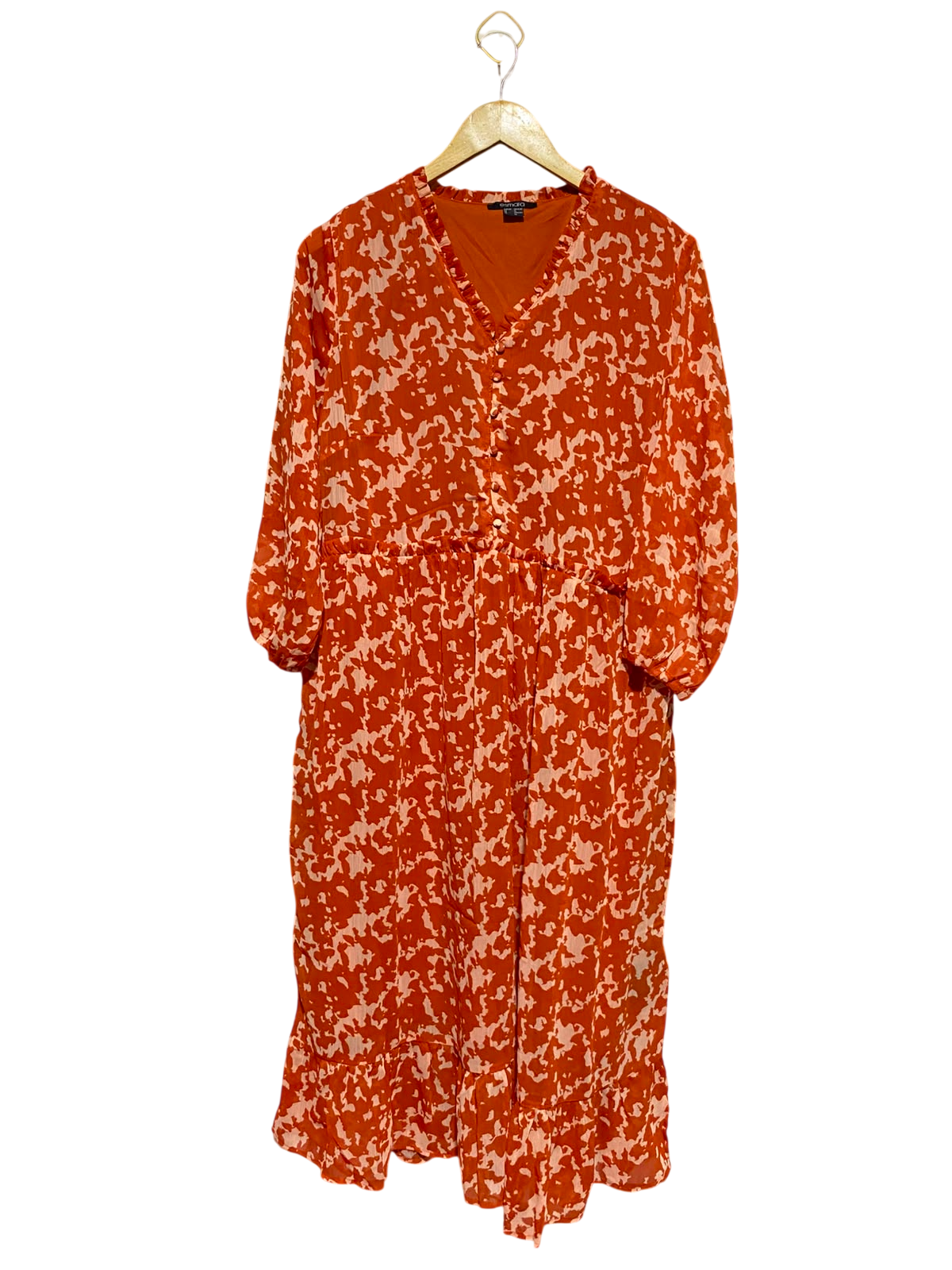 ESMARA |XL| BUST 22| A13| RUST ORANGE ABSTRACT PRINT MIDI DRESS - RUFFLED V-NECK DRESS