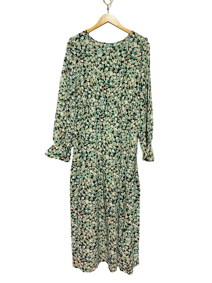 |XXL| BUST 21| A13| BLACK & GREEN DITSY FLORAL MAXI DRESS - LONG SLEEVE SMOCKED CUFF DRESS