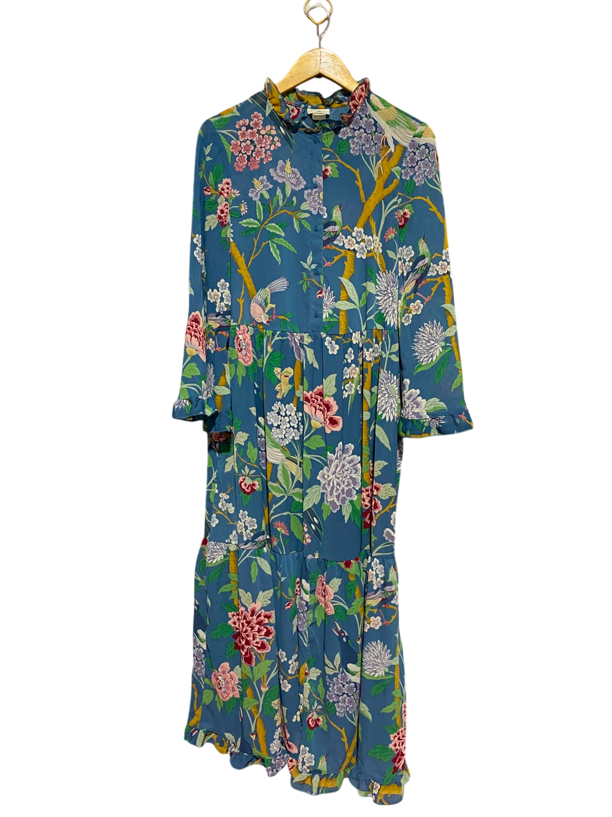 H&M |XS| BUST 13| A13| TEAL BLUE BOTANICAL & BIRD PRINT TIERED MAXI DRESS