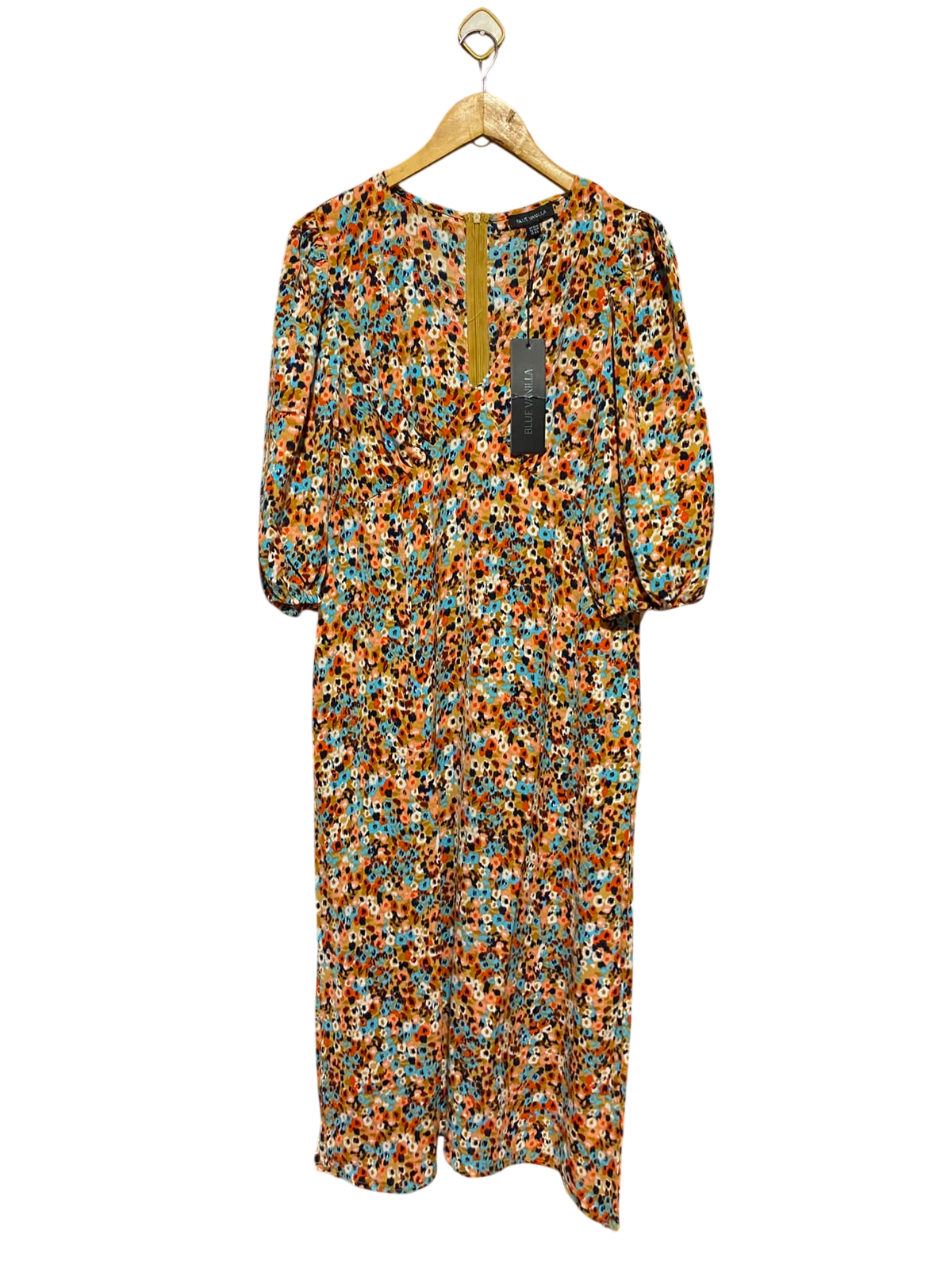 BLUE VANILLA |M| BUST 18| A13| BLUE VANILLA MULTICOLOR FLORAL FRONT-ZIP MIDI DRESS - PUFF SLEEVE CASUAL DRESS