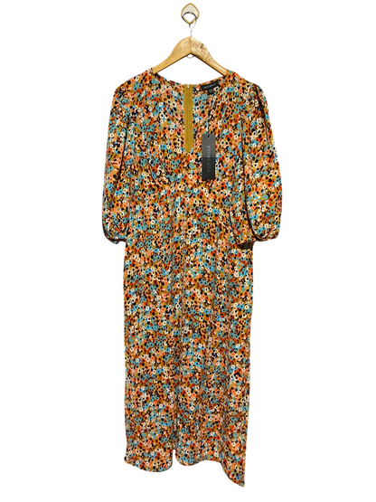 BLUE VANILLA |M| BUST 18| A13| BLUE VANILLA MULTICOLOR FLORAL FRONT-ZIP MIDI DRESS - PUFF SLEEVE CASUAL DRESS