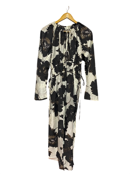H&M |M| BUST 20| A13| BLACK & WHITE FLORAL DRAWSTRING MAXI DRESS - LONG SLEEVE BOHO DRESS