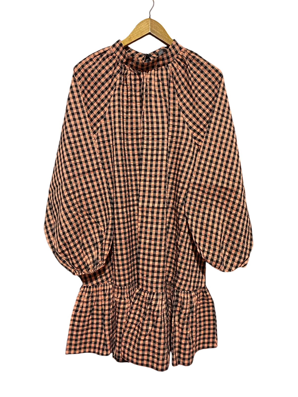 ASOS |L| BUST 23| A13| PEACH & BLACK GINGHAM HIGH-NECK MINI DRESS - PUFF SLEEVE PEPLUM DRESS