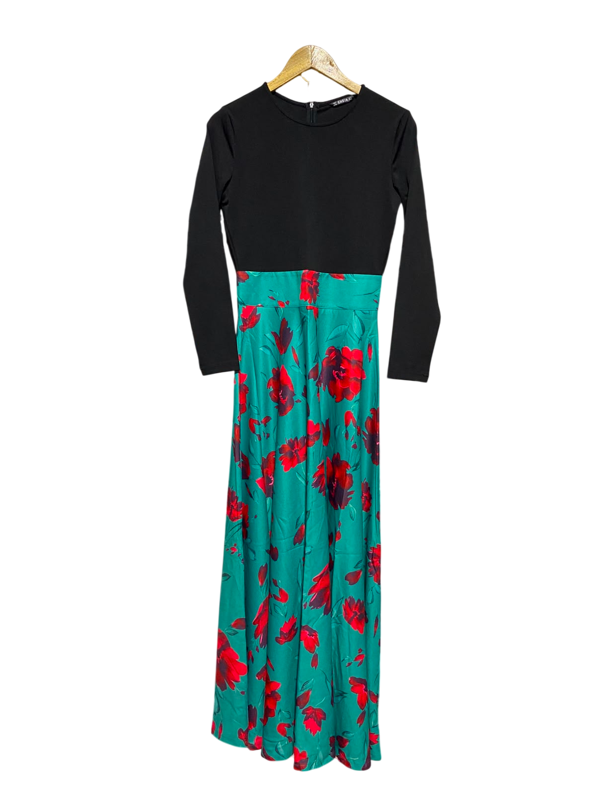 SHEIN |S| BUST 17| A13| BLACK & TEAL FLORAL TWO-TONE MAXI DRESS - LONG SLEEVE EVENING DRESS