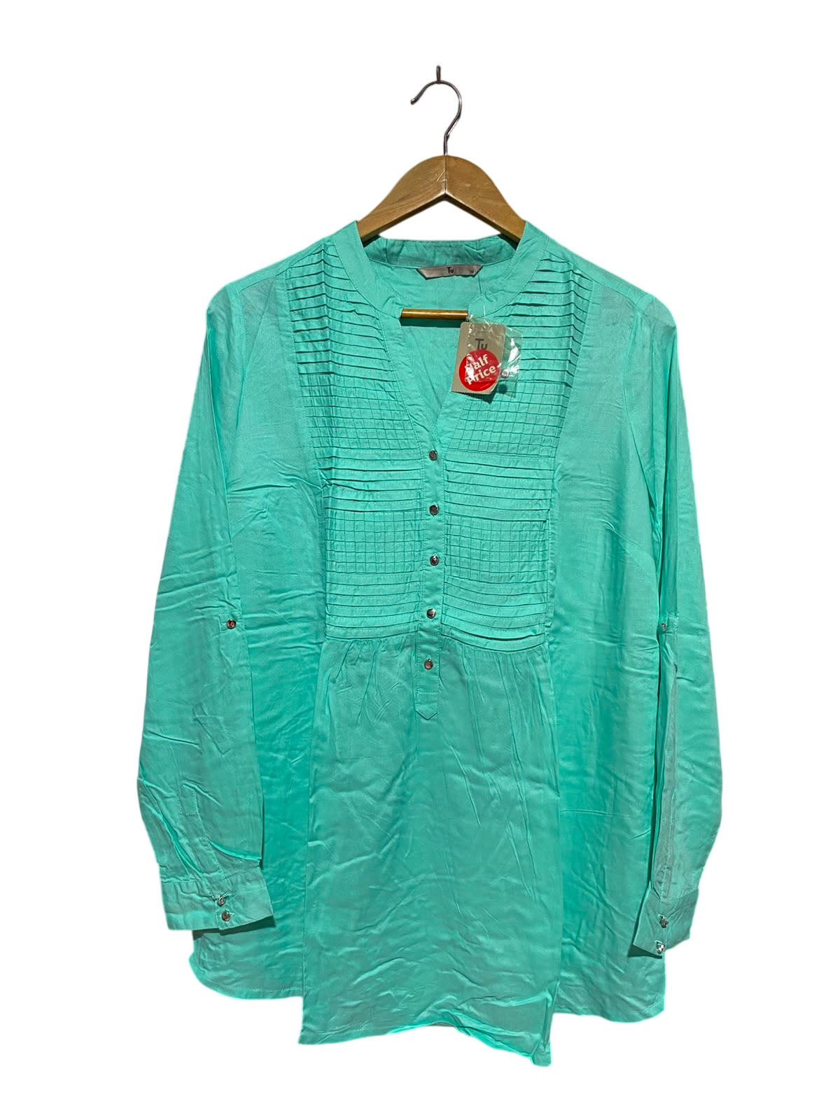 TU |L| BUST 19| A13| MINT GREEN PIN-TUCK CASUAL BLOUSE - ROLL-TAB SLEEVE SUMMER TOP