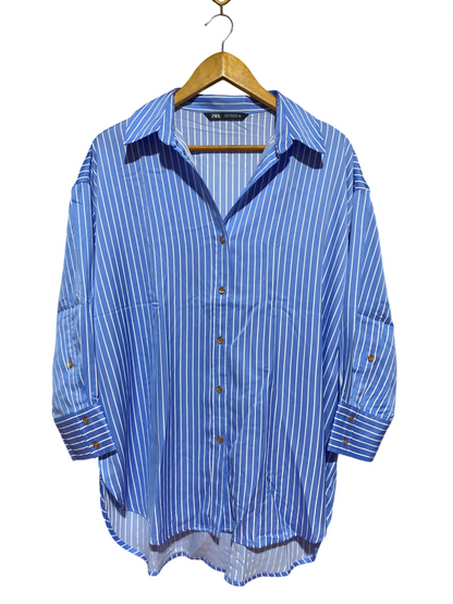 ZARA |S| BUST 25| A13| BLUE & WHITE STRIPED OVERSIZED BUTTON-DOWN SHIRT - LONG SLEEVE CASUAL BLOUSE