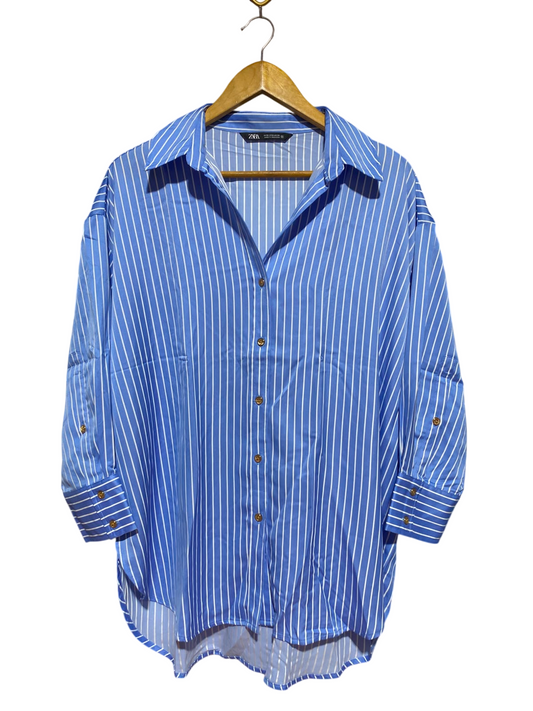 ZARA |S| BUST 25| A13| BLUE & WHITE STRIPED OVERSIZED BUTTON-DOWN SHIRT - LONG SLEEVE CASUAL BLOUSE
