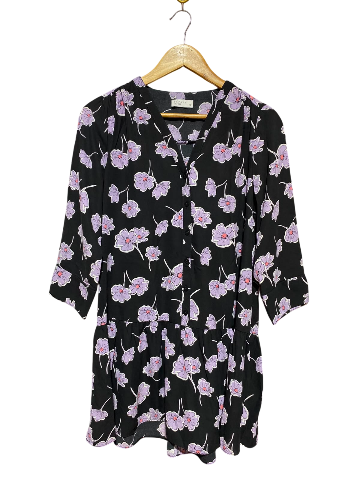PAPAYA |M| BUST 19| A13| BLACK & PURPLE FLORAL MINI DRESS - 3/4 SLEEVE PEPLUM HEM SHIRT DRESS