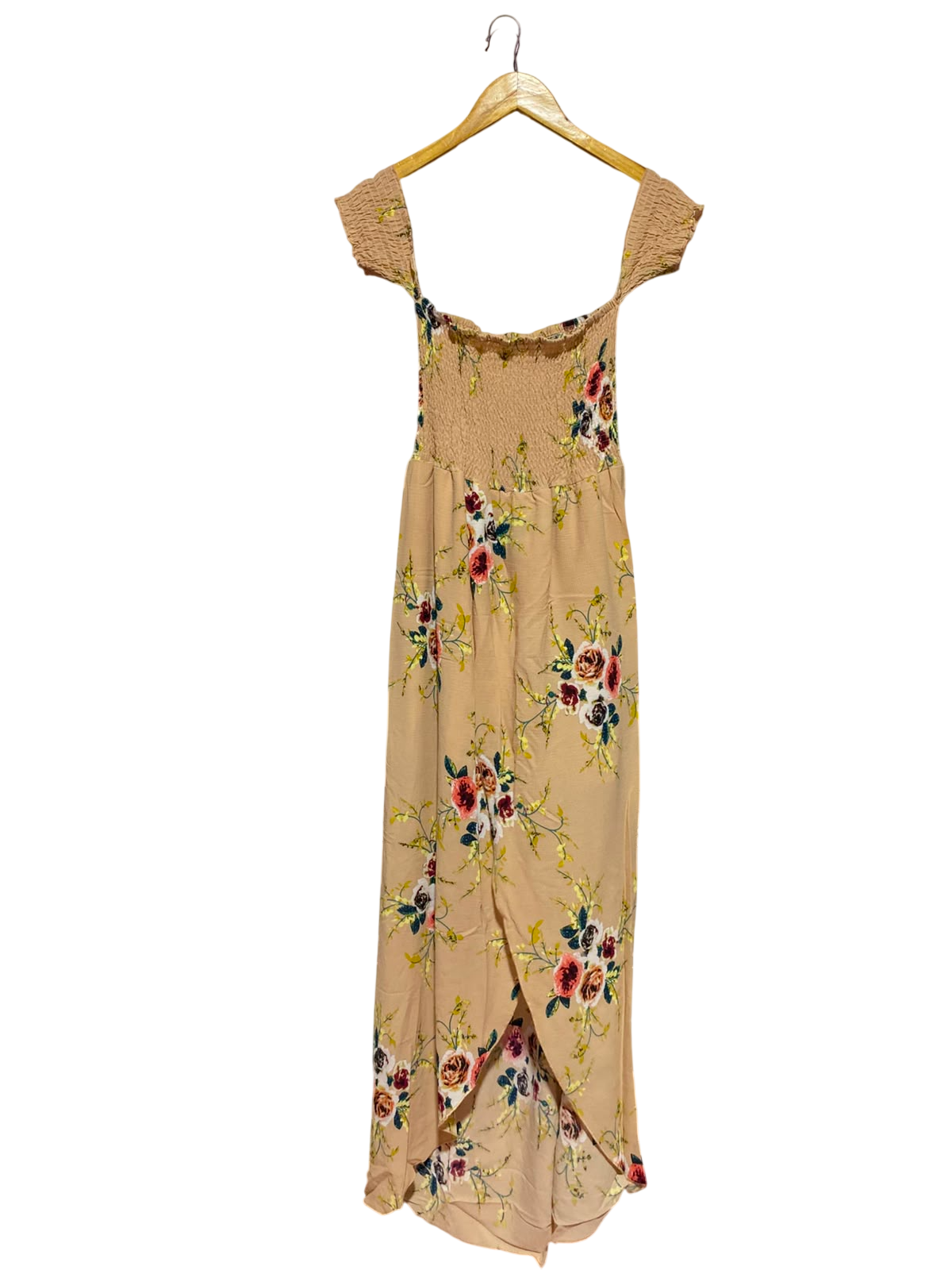 |XL| BUST 12| A13| BEIGE FLORAL OFF-SHOULDER MAXI DRESS - SMOCKED FRONT-SLIT SUMMER DRESS