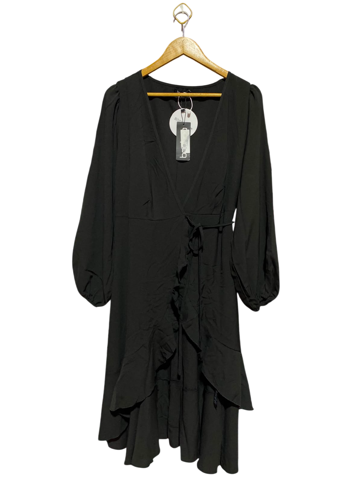 BOOHOO |M| BUST 19| A13| BLACK WRAP MIDI DRESS - LONG SLEEVE RUFFLED EVENING DRESS