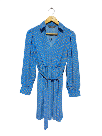 PRIMARK | M| BUST 17| A13| BLUE GEOMETRIC PRINT MINI DRESS - LONG SLEEVE BELTED SHIRT DRESS